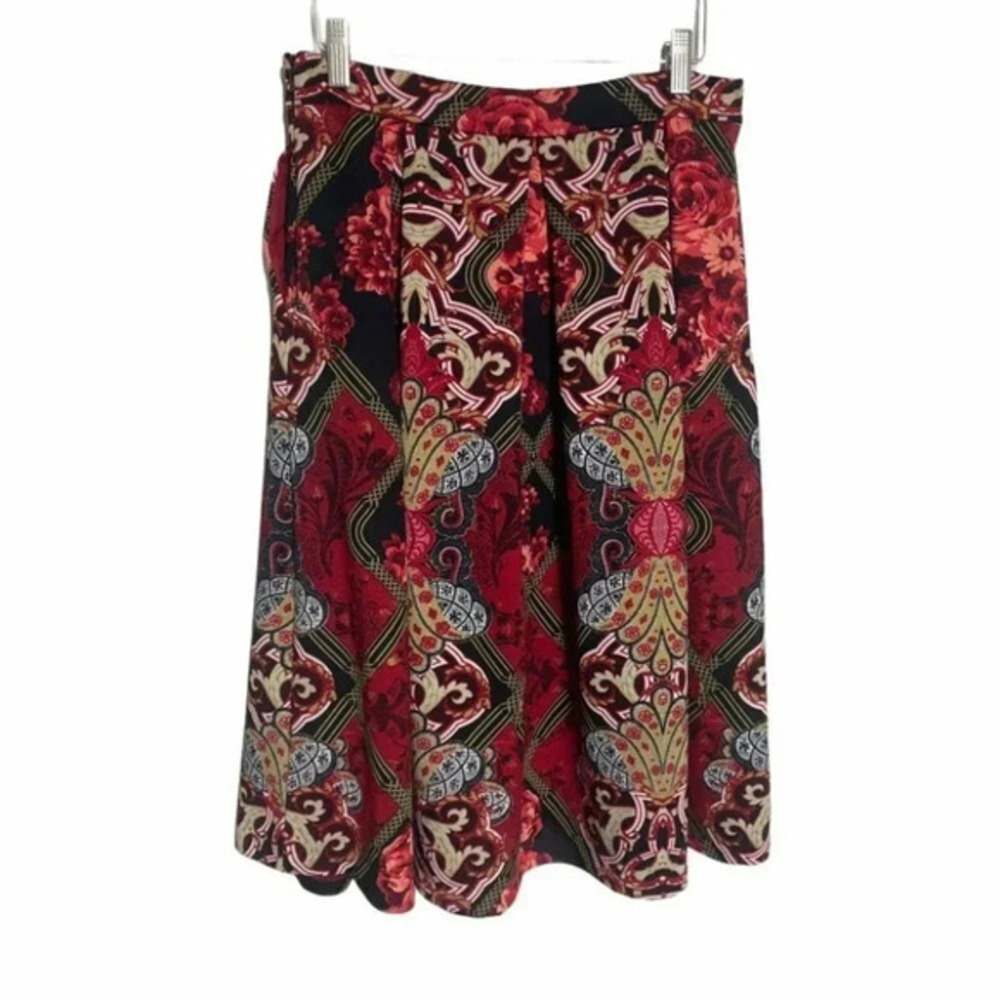 New York & Co stretch 4 red & multicolor pleaded pocketed skirt‎